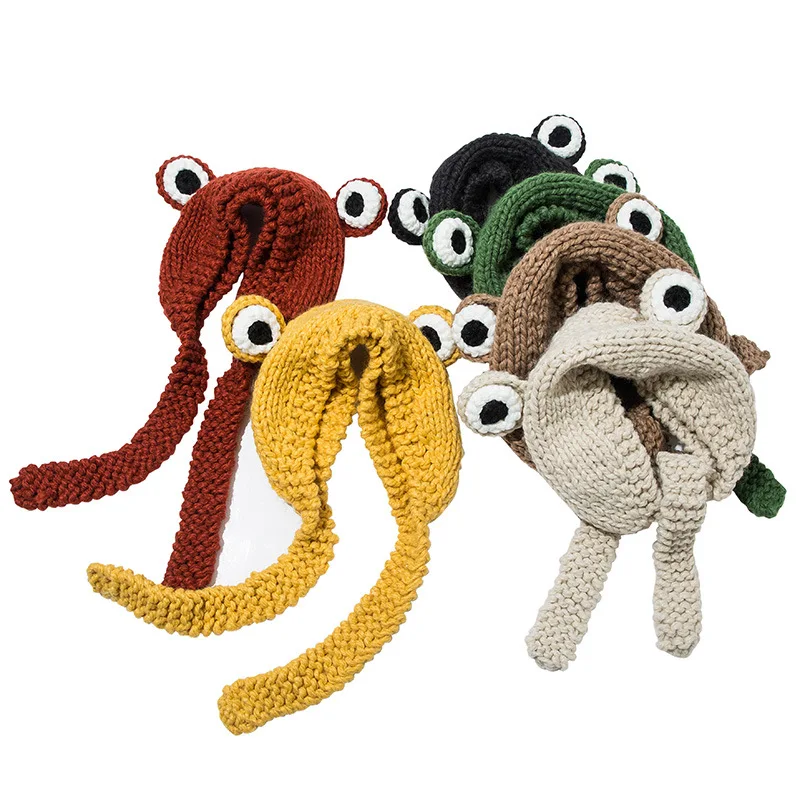 Autumn And Winter Cute Sweet Casual Big Eye Frog Winter Warm Plush Knit Hat For Woman