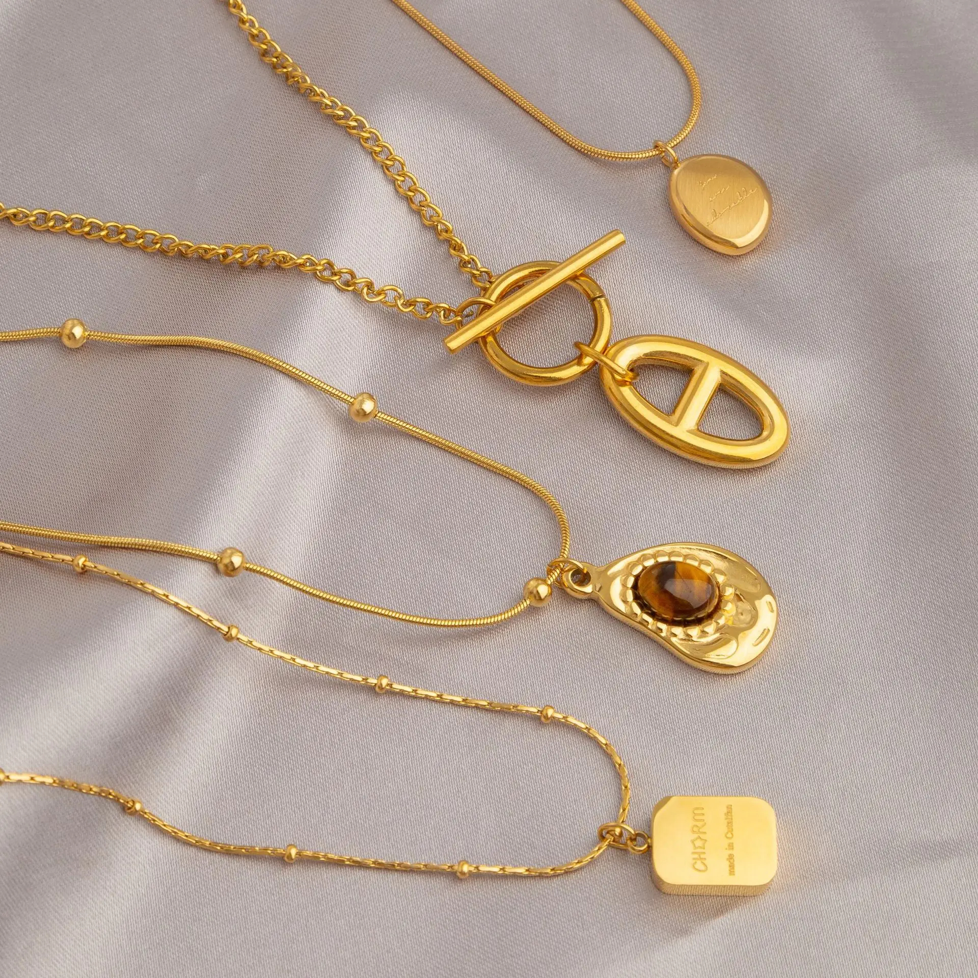 18K Gold Plated Fashion Zircon Jewelry Letter Butterfly Pearl Gem Stone Charm Pendant Hearts Stainless Steel Necklace For Women