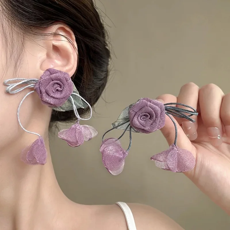 Korea Sweet Fabric Mesh Floral Long Tassel Drop Silver Needle Earrings for Women Personalized High-end Party Jewelry Accessories