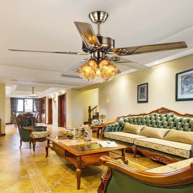 48 inch low noise copper motor 3 speed LED bronze 5-blade household living room ceiling fan light chandelier