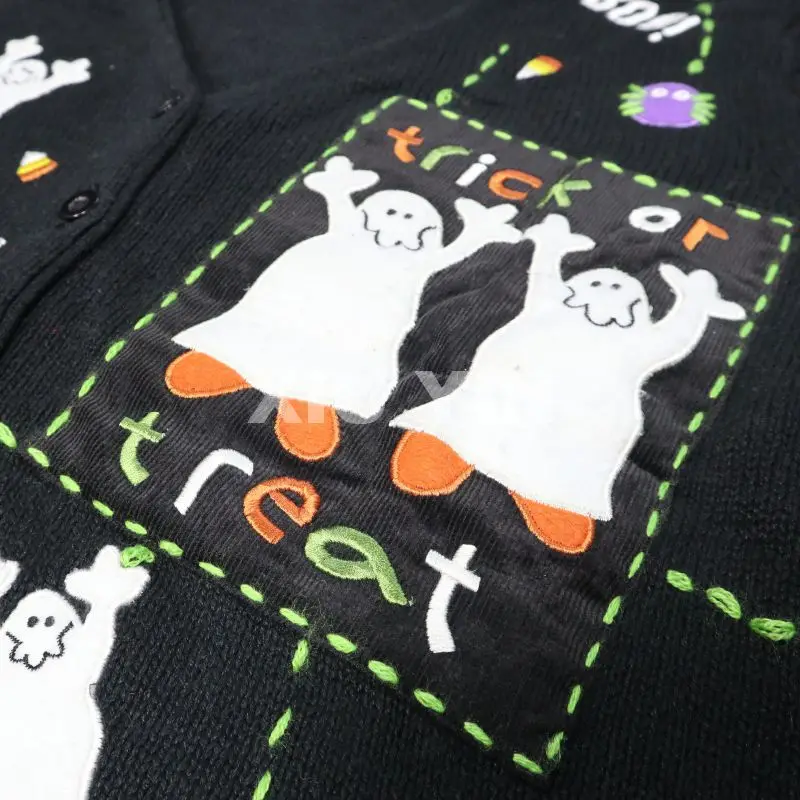 Black  halloween  knit sweater with embroidered ghoust , Pumpkin Winter thick jacquard cardigan with buttons