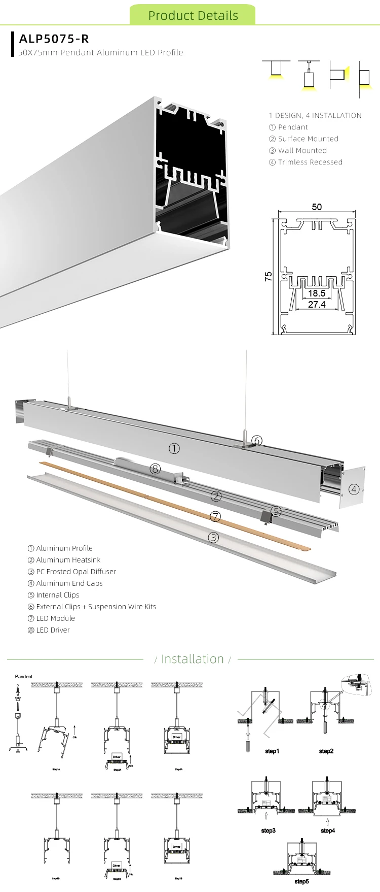 
2 inches Aluminium LED profile for pendent light 