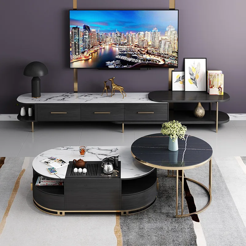 C03A new electric lifting rock board telescopic TV cabinet combination set, light luxury and simple style coffee table