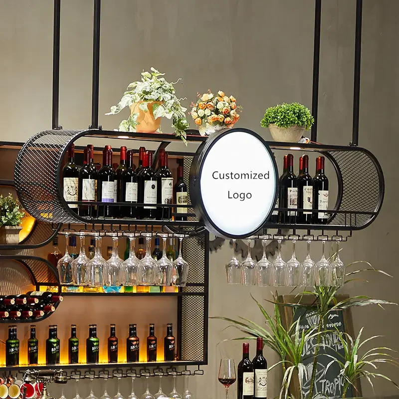 Customized Bar Counter Top Wine Glass Storage Racks Restaurant Ceiling Hanging Storage Racks Bar Furniture Metal Wine Rack
