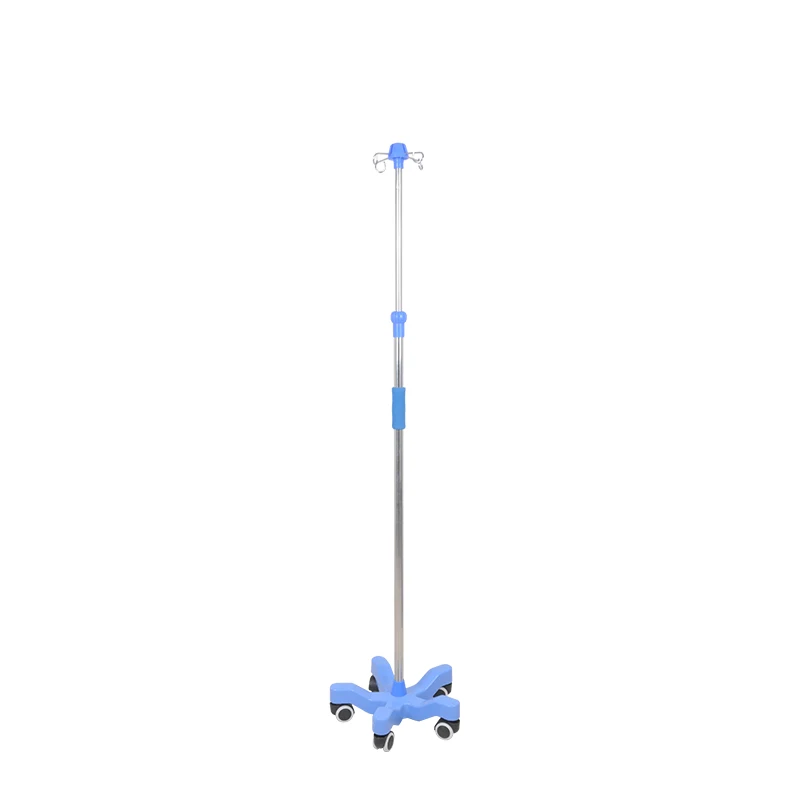 Medical Stainless Steel Height Adjustable IV Pole 5 Leg 4 Hook  Mobile Infusion Drip Stand
