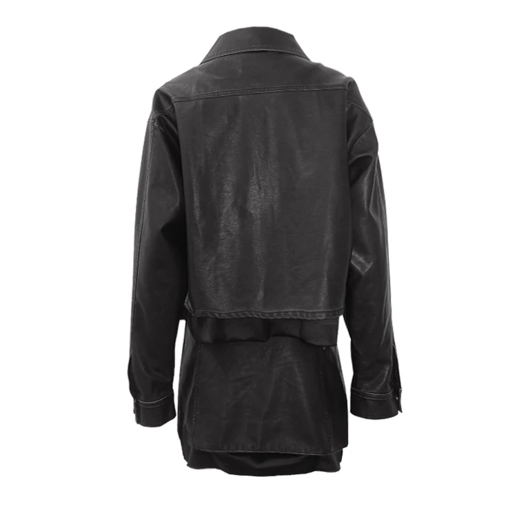 2023 SMO fashion suits women black pu leather jacket pockets women suit two pieces jacket and skirt