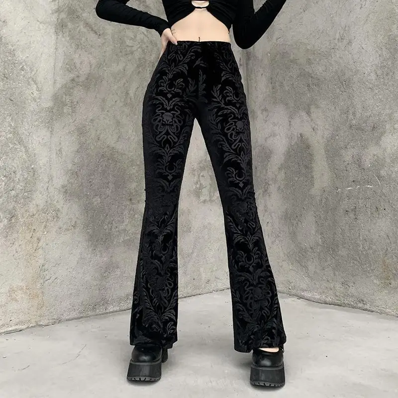 2024 Gothic Style Retro Black Bell-bottoms Pants Women Personalized Embossed Casual Trousers