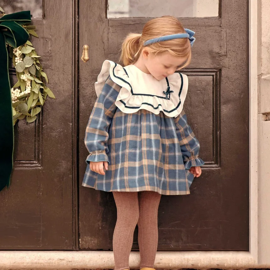 Wholesale Summer Vintage Spanish Baby Girl Dresses Children Long Sleeve Clothes Plaid 100% Cotton Boutique Frocks Kids Dress