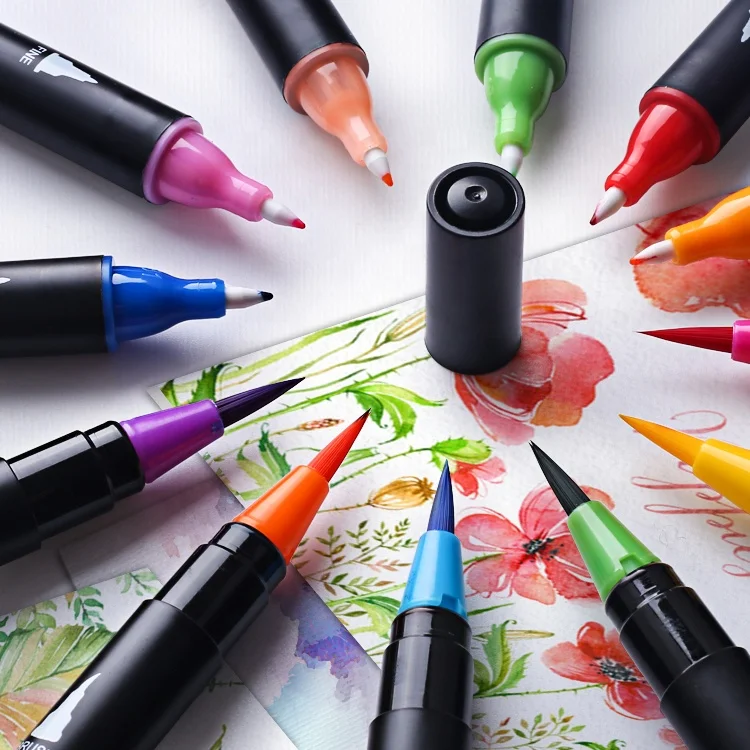
24 Colors+2 Blending Brush Dual Tip Black Brush Pen Paint Art Marker Watercolor Calligraphy Brush Pen 