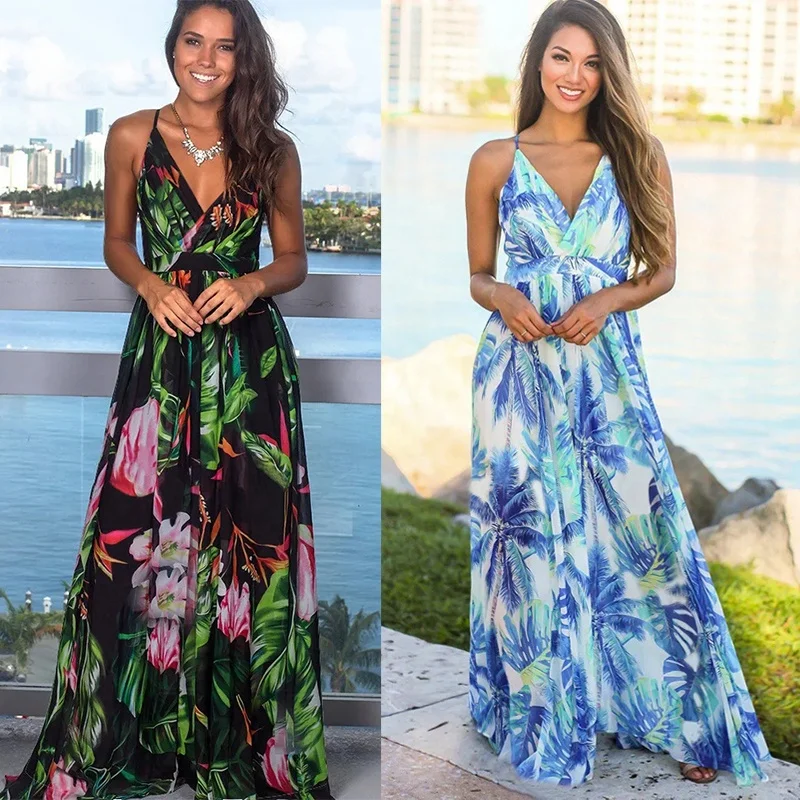 Matching Hawaiian Print Casual Dresses Tropical Long Skirt Boho Clothing Bohemian Backless Beach Sundress Floral Maxi Dress