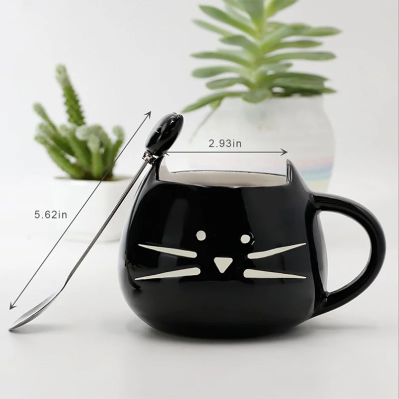 UCHOME Creative Gift Cartoon Black And White Ceramic Cat Mug With Funny Cat Spoon 12 oz Ceramic Tea Coffee Mug Cup