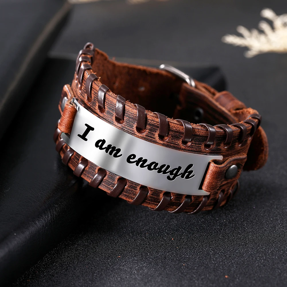 2019 Stainless Steel Engraved Bracelet Personalized bracelet men leather Inspirational Cuff Bangle For Gift