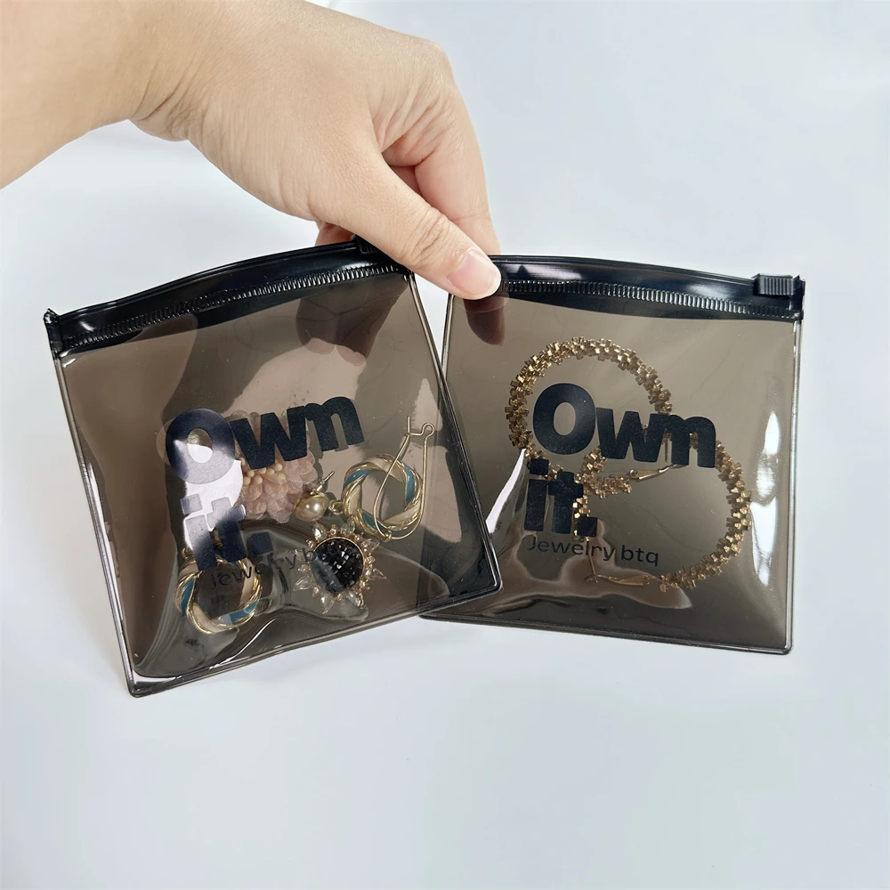 Luxury Brand Logo Small Translucent Black Zip Lock Packaging Bag Printed Plastic Jewelry Pouch Custom PVC Zipper Bag For Jewelry