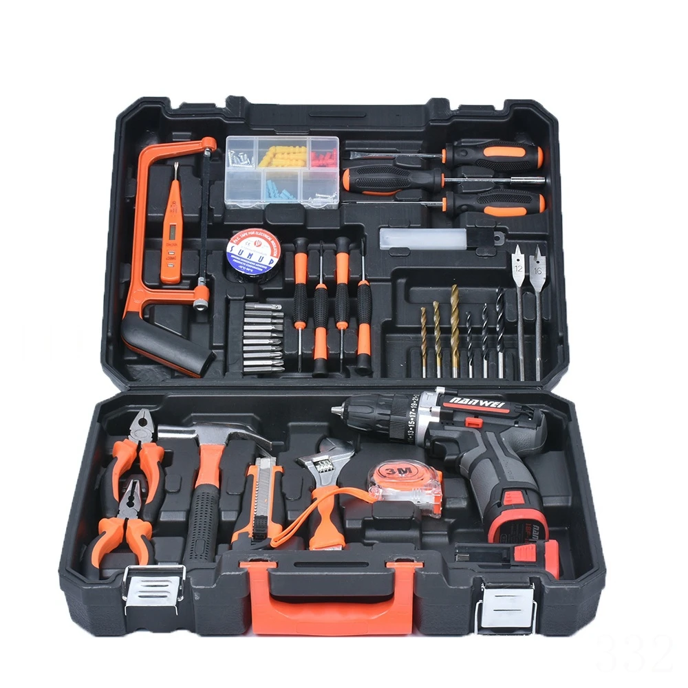 Cordless Hammer Drill Tool Kit, Household Power Tools Drill Set with Claw Hammer Wrenches Pliers DIY Accessories Tool Kit