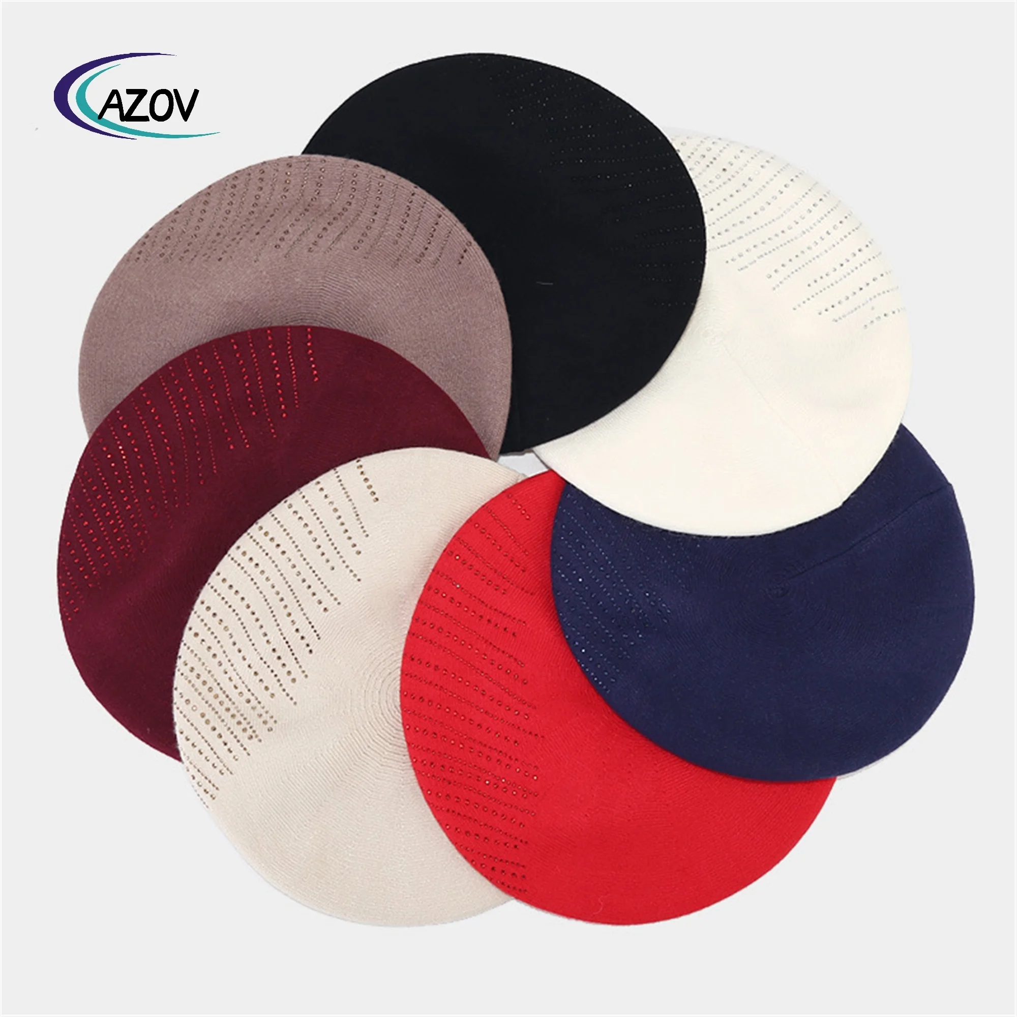 Ladies Fashion Retro Knitted Beret Winter All-Match Hot Drilling Painter Cap Warm Wool Beret