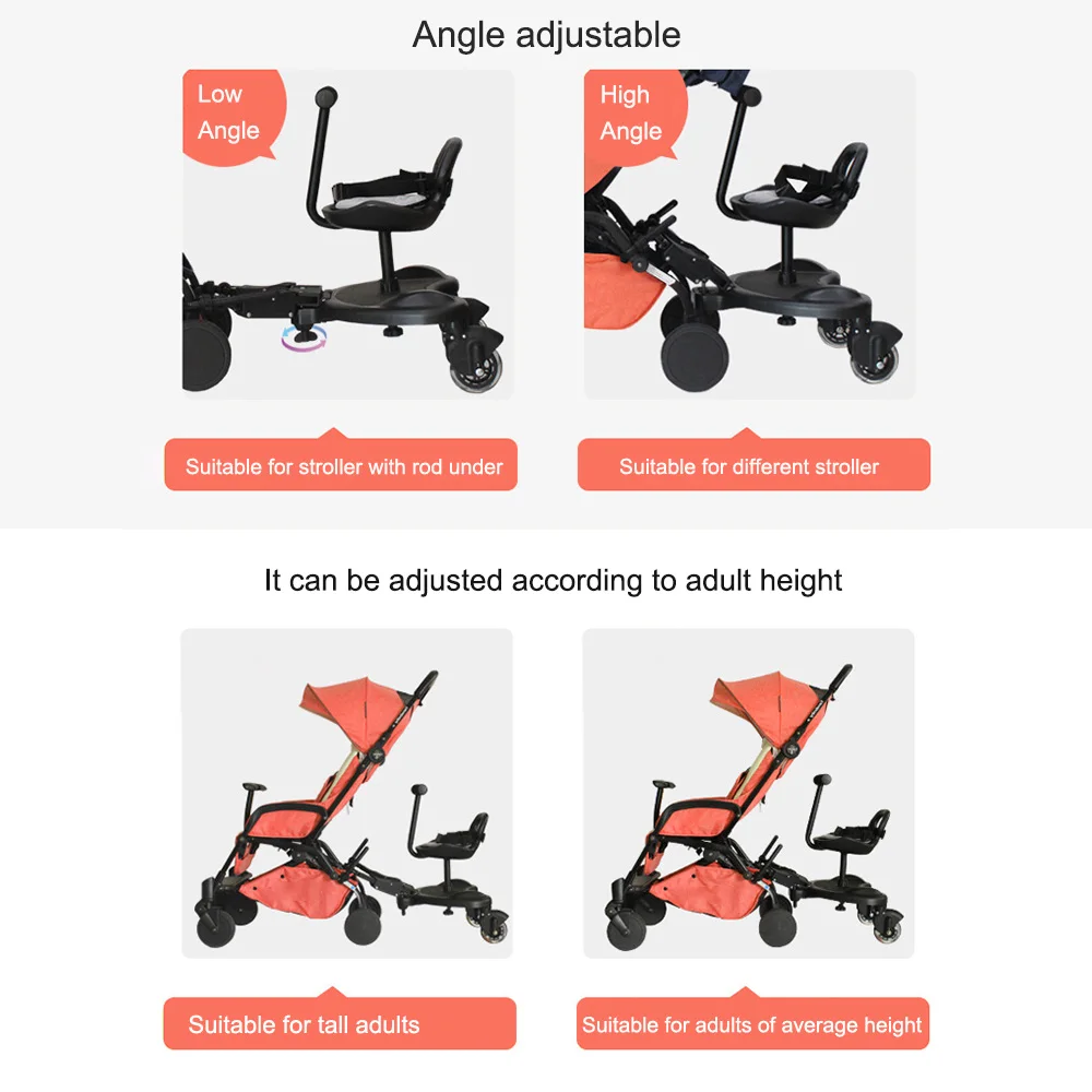 Adjustable 2-in-1 Detachable Seat Kids 3 Years Old Foldable 20kg Load Capacity Universal ABS Buggy Board For Baby Strollers