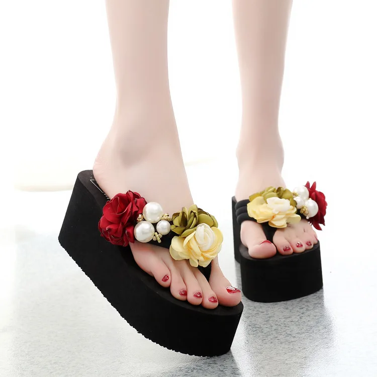 eva beach fashion summer platform black 6CM flip flops wedge heel floral diamond chunky ladies sandal sole wedge shoes