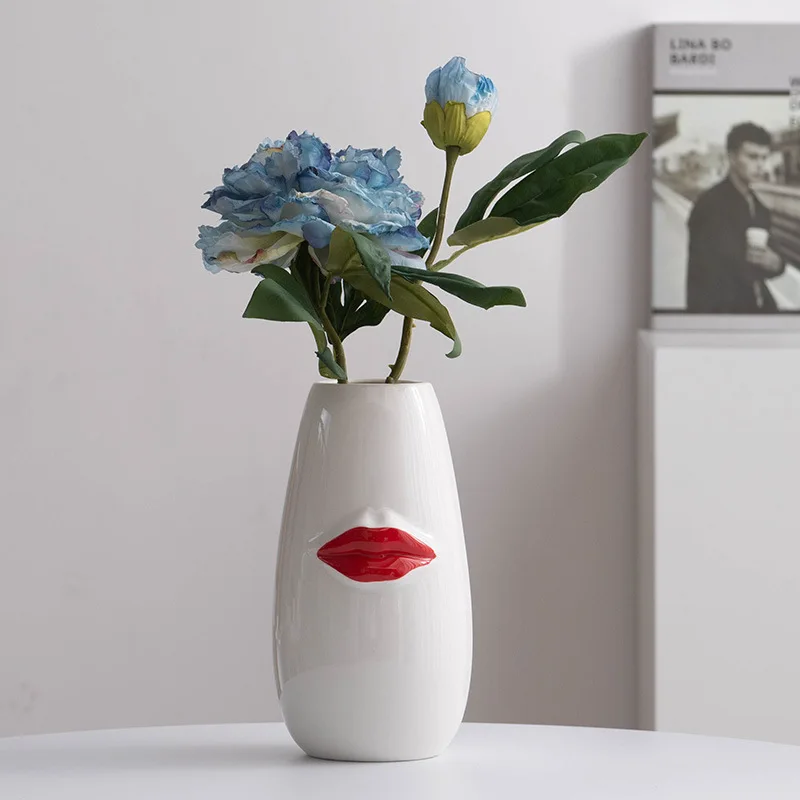 High Luxury Minimalist Boho Creative Floral Vases Ceramic Modern Vases for Home Decor Decorative Vase with Red Lip