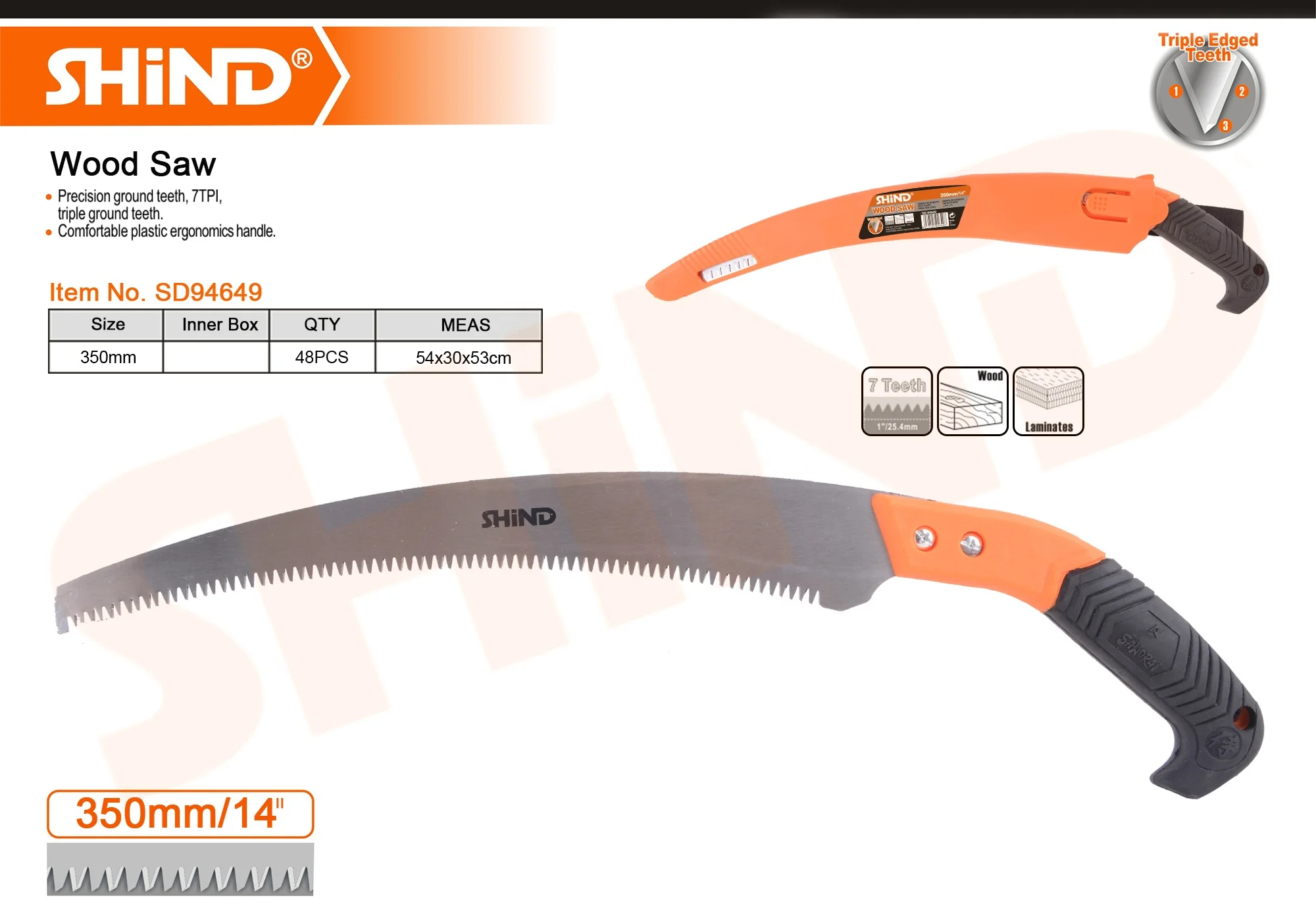 SHIND 94649 High Quality Plastic Handle Pruning Saw High Speed Steel Deep Sharpen Teeth Wood 350mm Carton Customized Logo 72pcs