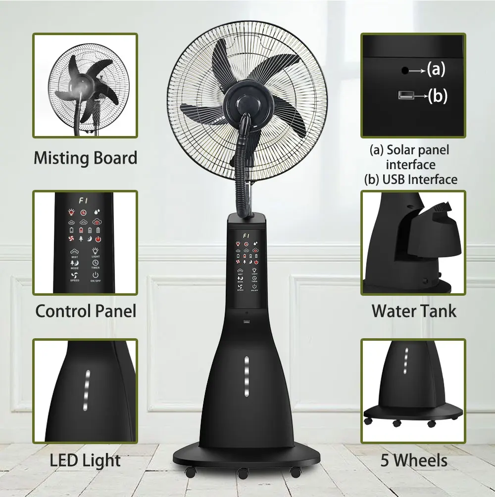 New Product Standing Fan with Solar Panel 9 Speeds Portable Rechargeable Fan