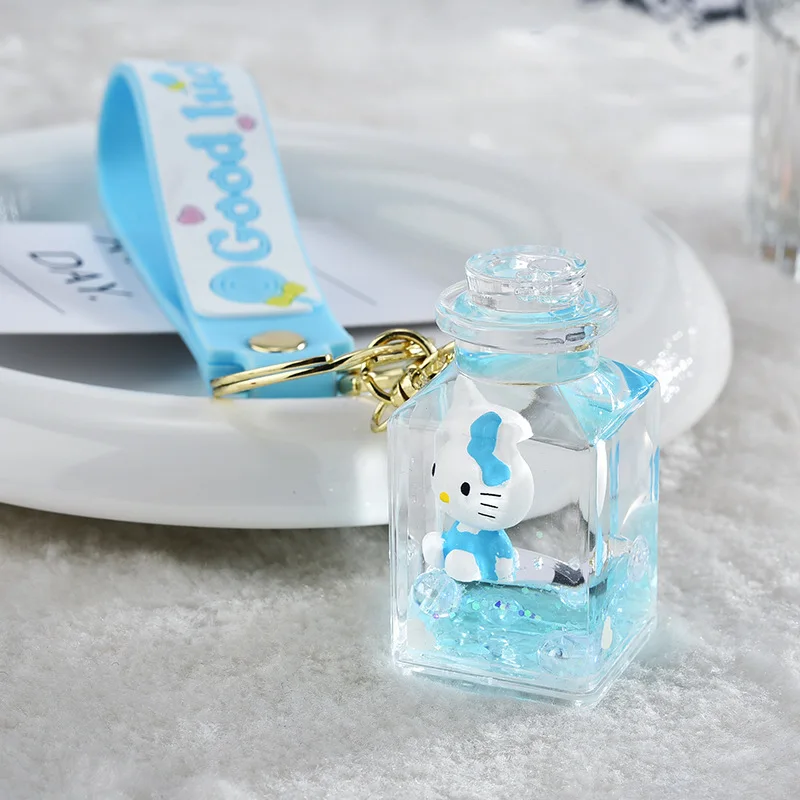 Cartoon KT cat Liquid milk tea cup keychain cute  keychain kawaii girl bag pendant acrylic quicksand car key chain