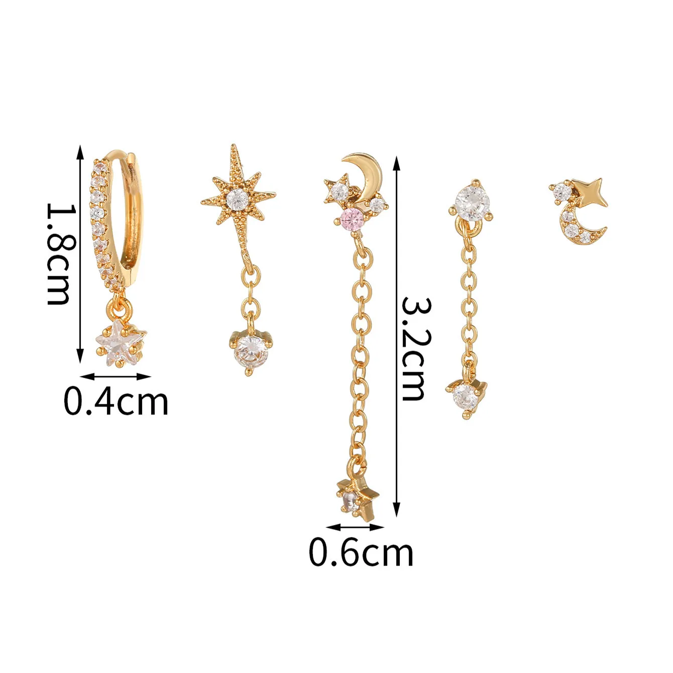5 Pcs/Set Gold Plated Huggie Hoop Earrings Set Cute Star and Moon Hypoallergenic Fashion Stud Earrings Set for Women Girls