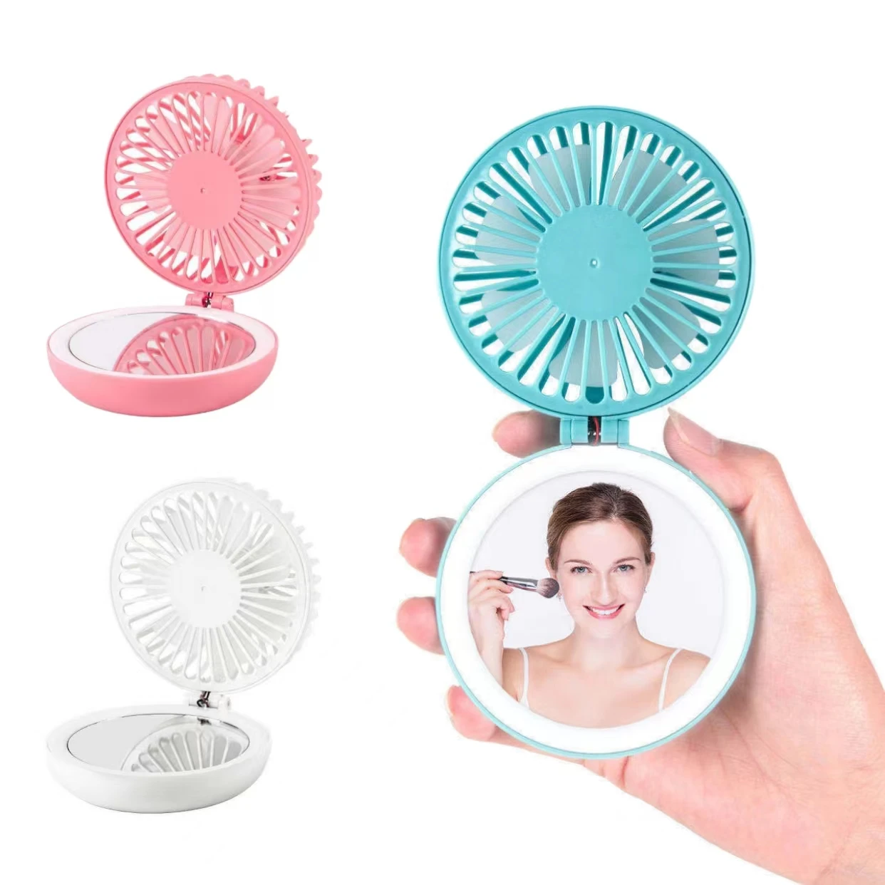 Biumart Handheld Makeup Mirror Air Cooling Fan With LED Mirror Portable Mini Fan Make Up Pocket Mirror With Light