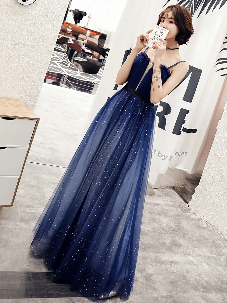 Real Picture Luxury Navy Blue Special Occasion Ball Gown Tulle Fully Beaded Evening Dress