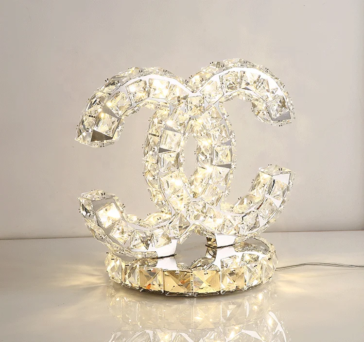  Biumart Nice Quality Clear Crystal Stainless Fashion Table Bedside Lamp Double C Light