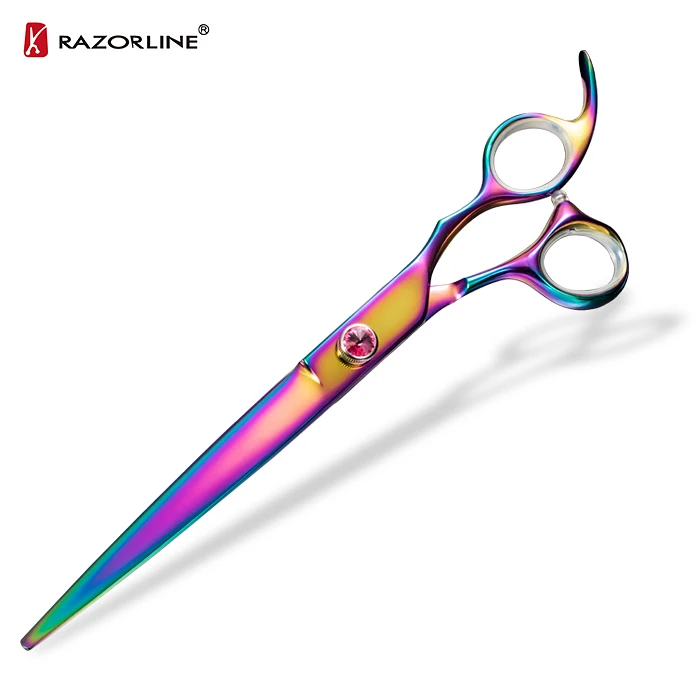 Zhangjiagang Razorline NPK15R 8 Inch Straight Blade 9cr Steel Rainbow Titanium Coating Pet Scissors for Dog