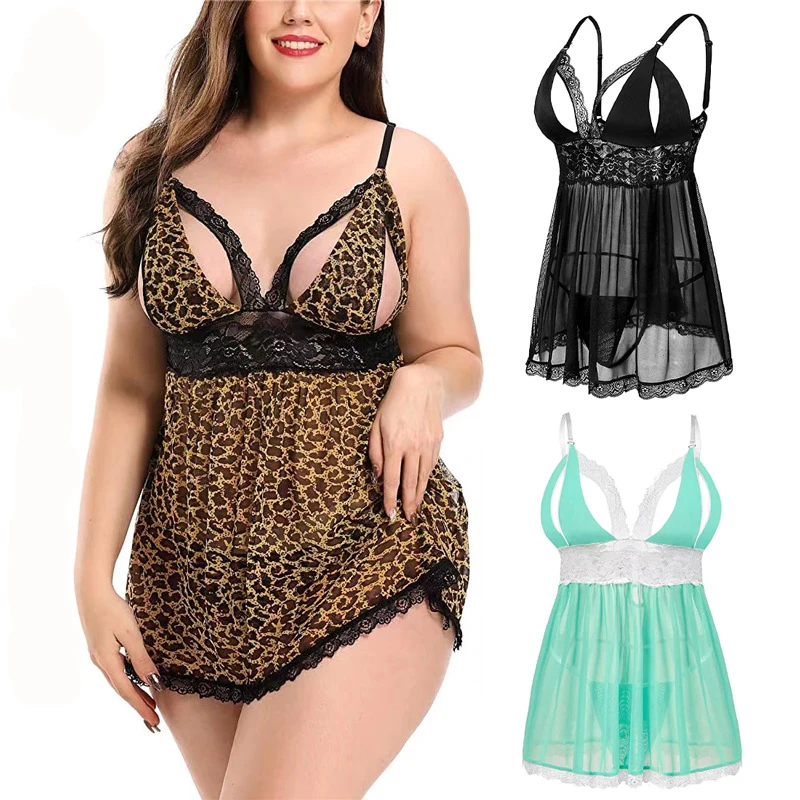 Wholesale Large Size Erotic Lingerie See-through Fat Girl Leopard Print Nightgown Women Sexy Mesh Size Plus Babydoll