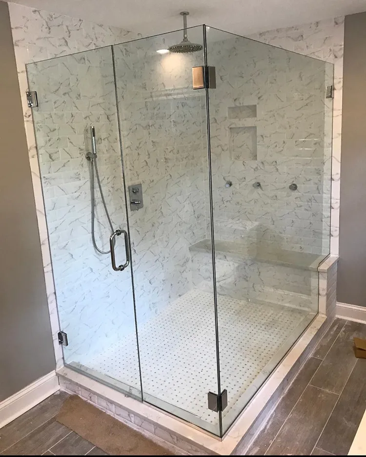 2 Shower Glass Doors  Frameless With Bench Notched Panel