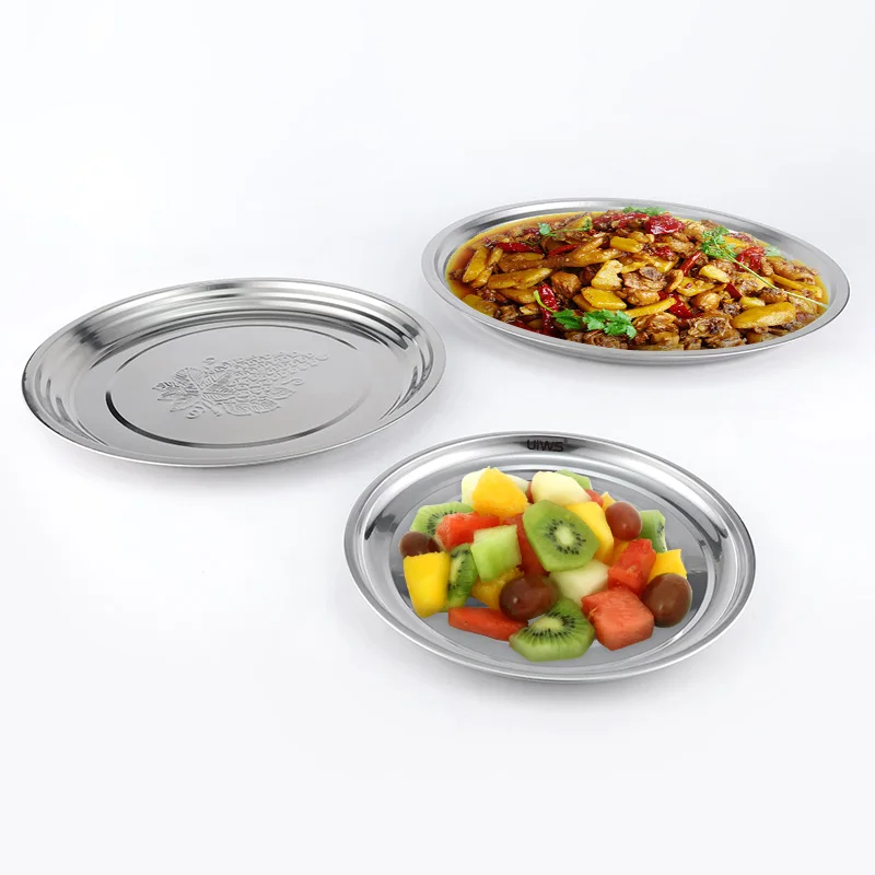 Luxury stainless steel round service tray grape embossing service dish food tray