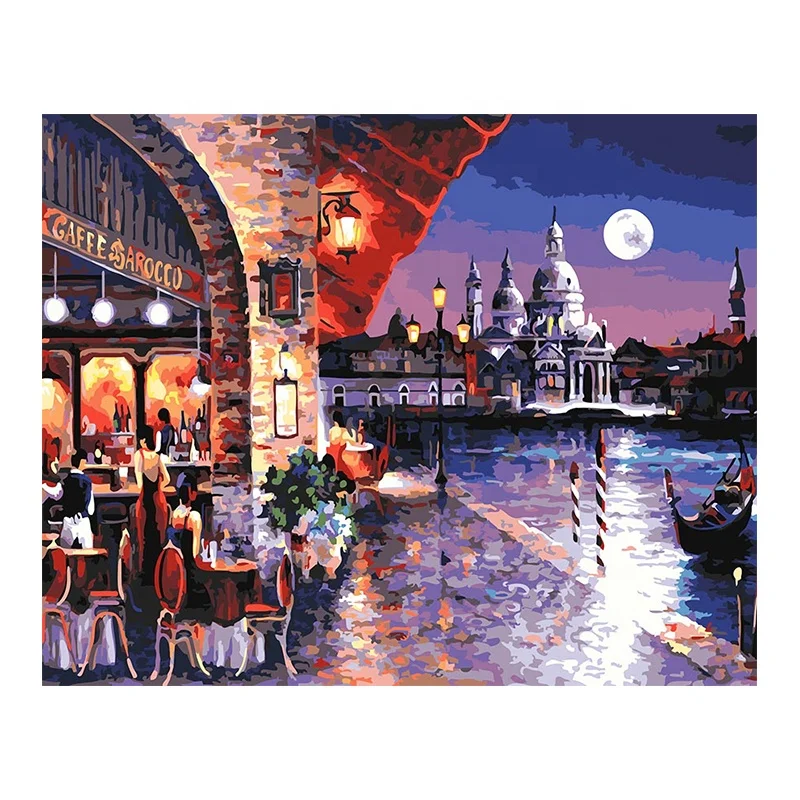 100% Handmade watery city landscape art digital canvas oil painting