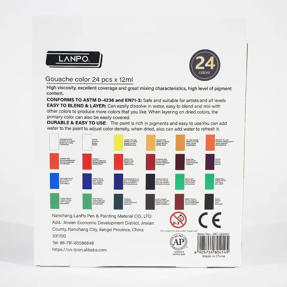LANPO brand back to school B2S Gouache color paint set of 24x12ml student quality painting kit