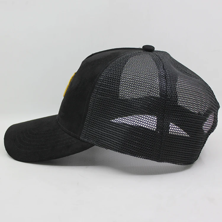 Fashion design black 5 panel low profile custom embroidery logo suede baseball trucker cap