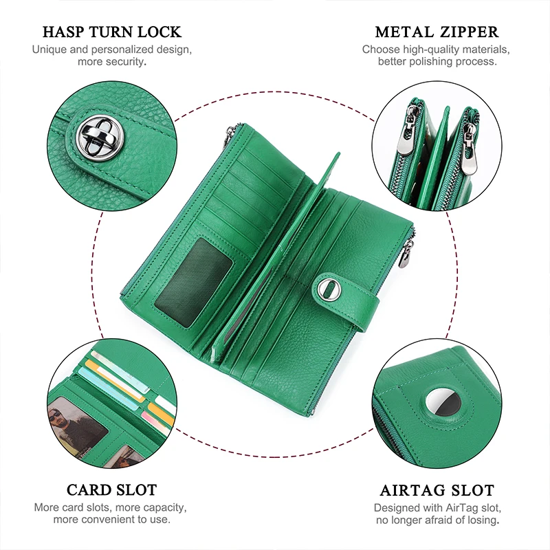 Full Grain Leather Money Bag RFID Double Zipper Phone Purse Genuine Leather Large Capacity Long Wallet With Airtag Slot