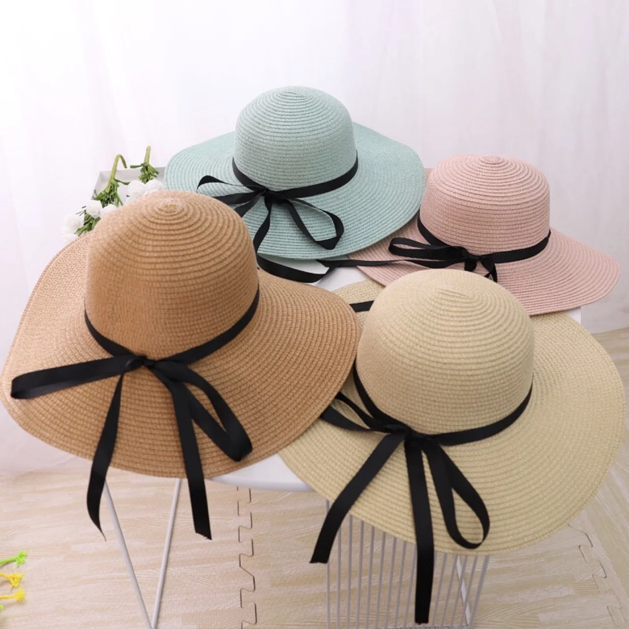 Foldable Beach Paper Straw Summer Hats with Big Brim and Long Ribbon For Women Female