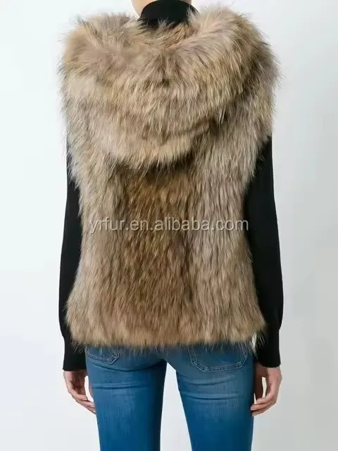 YR978 Good Quality Women Basic Style Raccoon Fur Hand knitted Hooded Vest