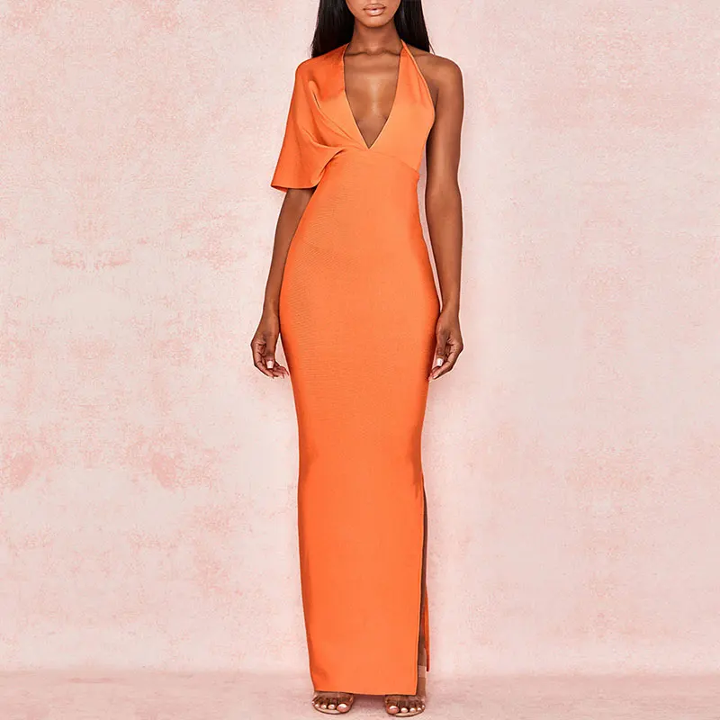 
women Halter deep V-neck orange long prom bandage maxi dresses 