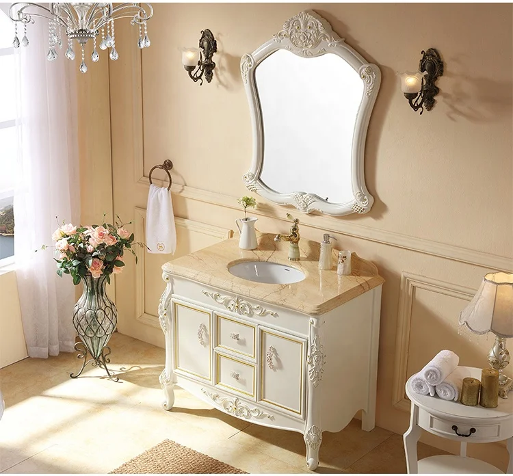 French style vertical Floor Mounted bathroom cabinet White design mdf bathroom vanity  with sink
