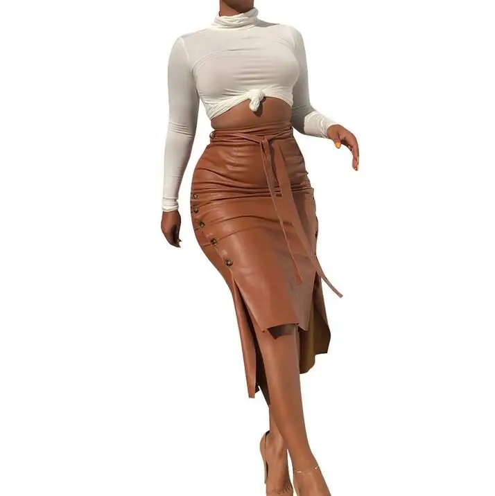 wholesale Women PU Leather Midi Skirt Autumn Winter Ladies Package Hip Front or Back Slit Pencil dress Plus Size