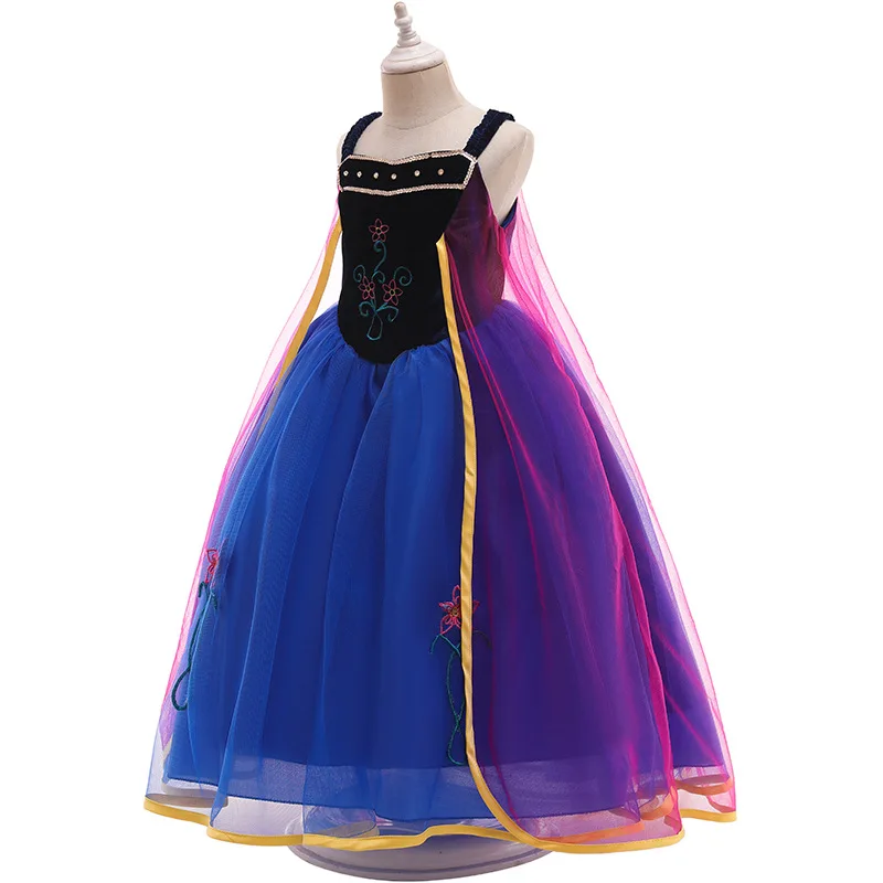 
2020 3-8 Years Girls Anna Elsa Dress with trailing Children Princess Party Cosplay Costume Children Fantasy dark blue dress 
