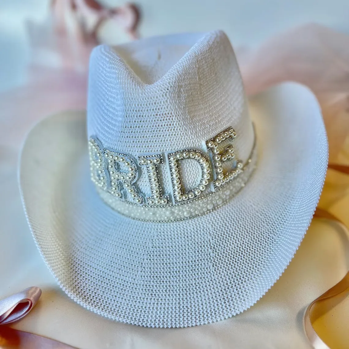 Women White Bride Rhinestone Pearl Knitted Cowgirl Hat Bridal Shower Cowboy Hats