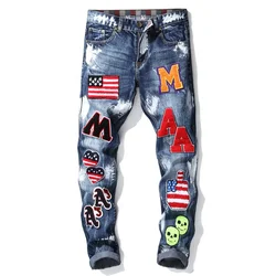 motor & biker hip hop regular paint patch embroidery patchwork jeans mens