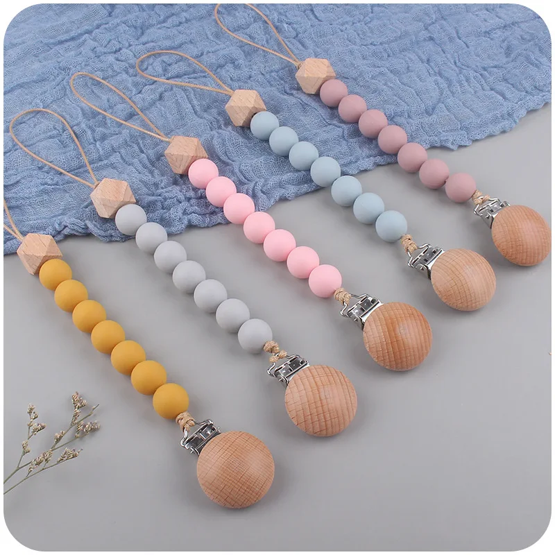 Baby Pacifier Clips Silicone Beads Wooden Ring Pacifier Chain Infant Nipple Appease Soother Chain Clips
