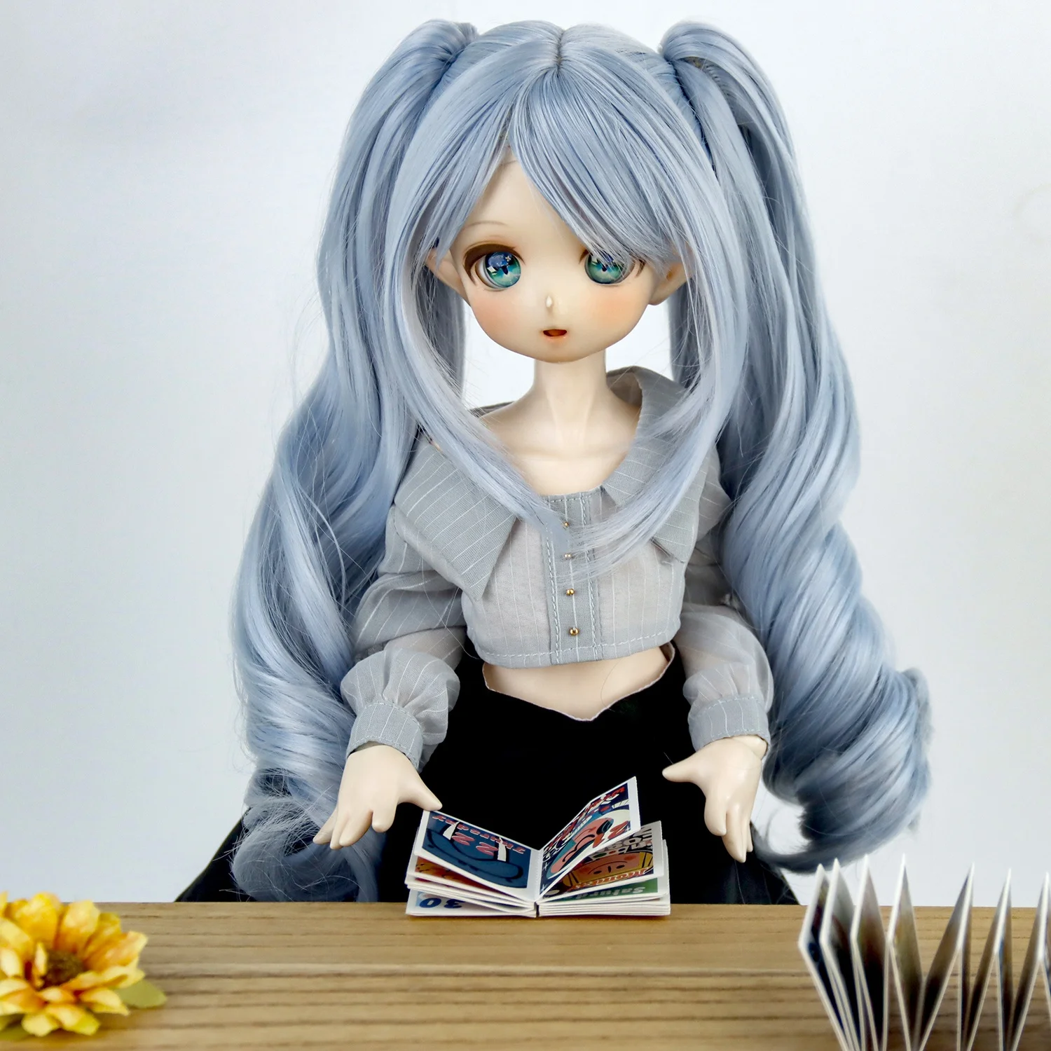 Doll hair tress long pigtails light blue with bangs doll hair fit for BJD 1/3 60CM doll wigs