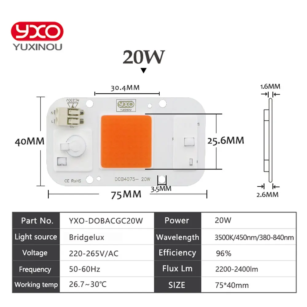 High Quality Ac 220V 20W 30W Full Spectrum 380Nm-780Nm Cob Led Grow Light Chip For Indoor Plant