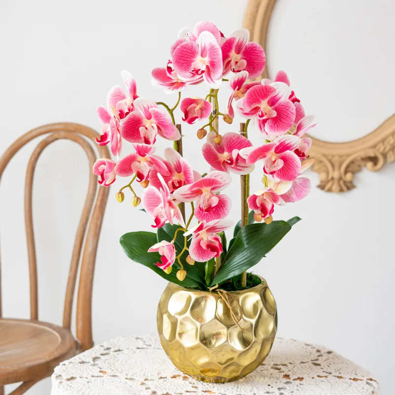 Artificial White Phalaenopsis Orchid Flower Arrangements Faux Orchid Flower in gold Pot Orchid Centerpiece