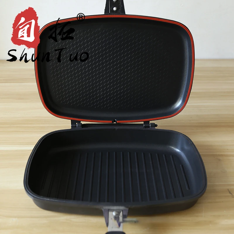 
coating pizza red enamel nonstick metal korea baking square fry bbq non stick double face aluminuim two sided grill pan 